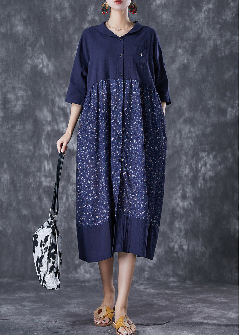 Navy Oversized Patchwork Print Linen Robe Dresses Summer