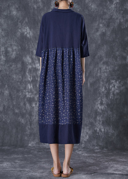 Navy Oversized Patchwork Print Linen Robe Dresses Summer