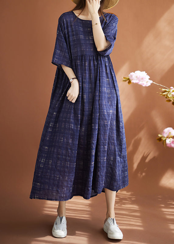 Navy Oversized Plaid Linen Maxi Dresses Summer