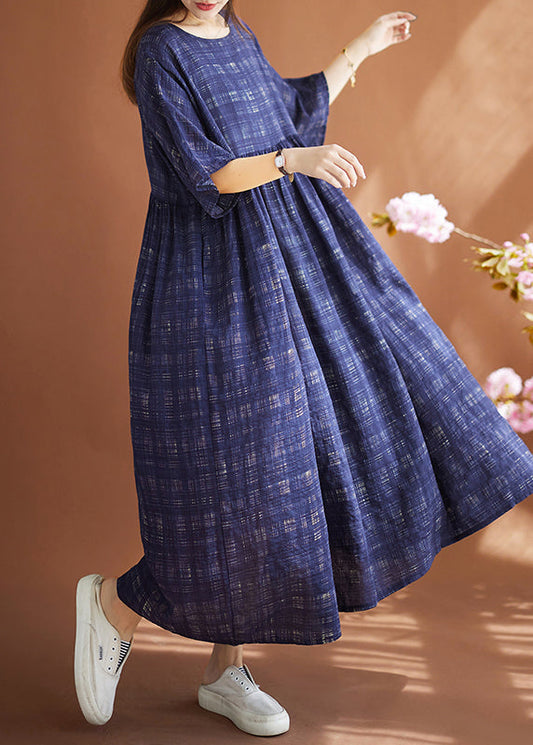 Navy Oversized Plaid Linen Maxi Dresses Summer