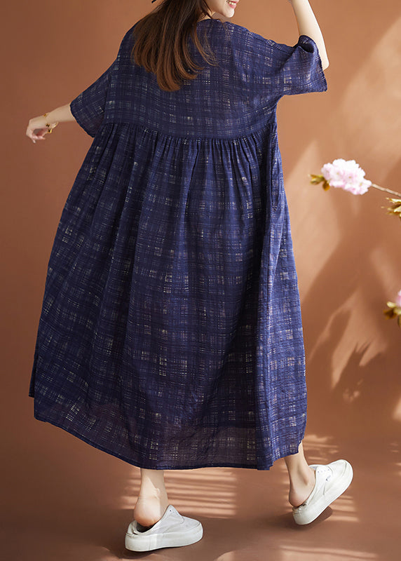 Navy Oversized Plaid Linen Maxi Dresses Summer