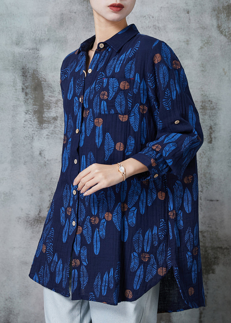 Navy Oversized Print Cotton Blouses Spring