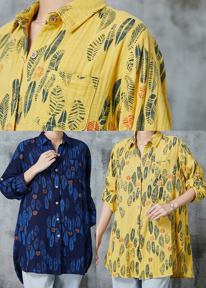 Navy Oversized Print Cotton Blouses Spring