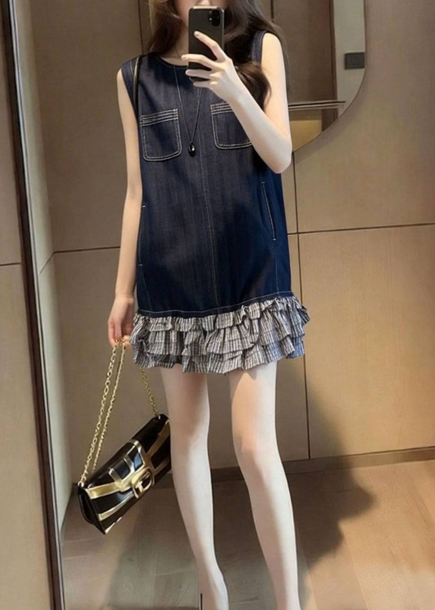 Navy Patchwork Denim Tea Dress Sleeveless