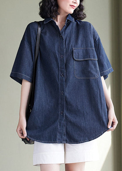 Navy Peter Pan Collar Patchwork Denim Shirt Top Summer