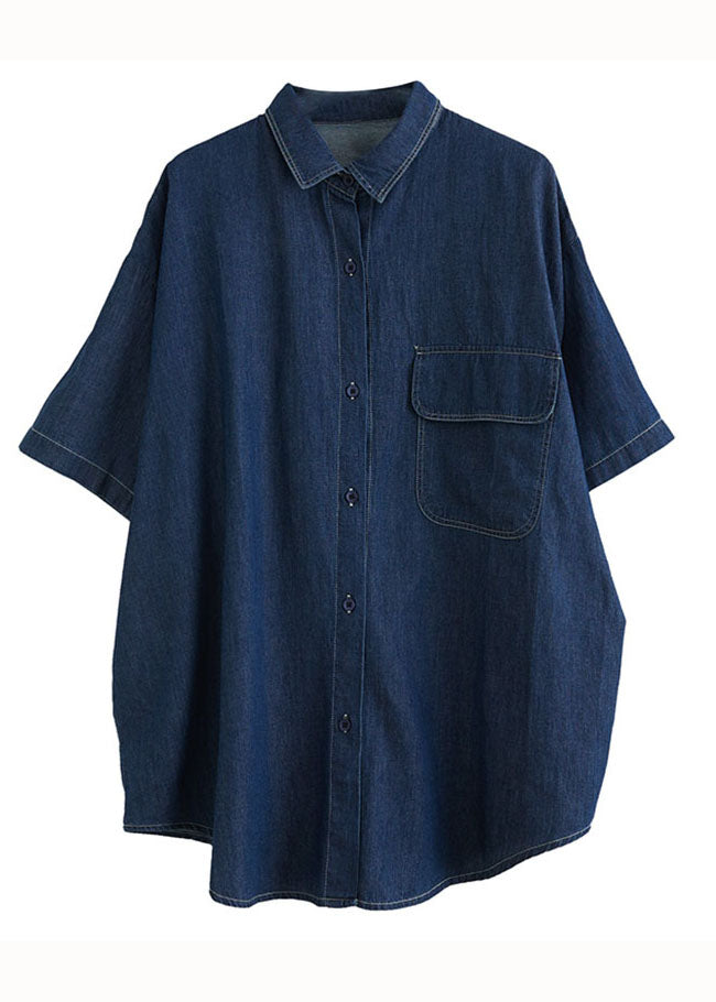 Navy Peter Pan Collar Patchwork Denim Shirt Top Summer