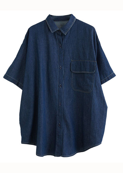 Navy Peter Pan Collar Patchwork Denim Shirt Top Summer