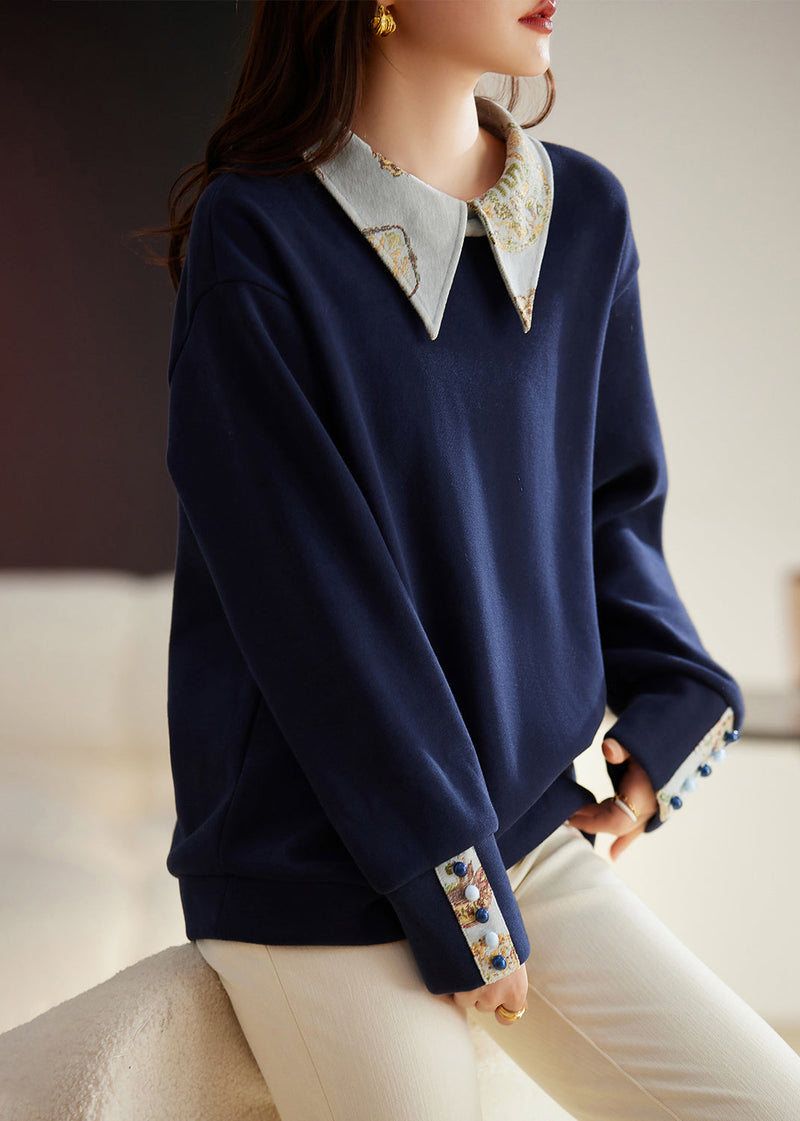 Navy Peter Pan Collar Patchwork Warm Fleece Pullover Tops Winter