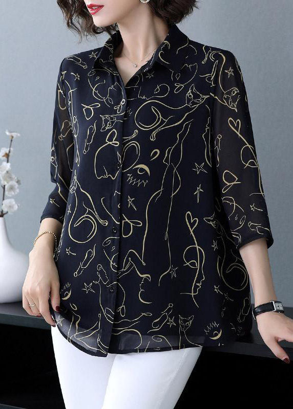 Navy Peter Pan Collar Print Patchwork Chiffon Shirt Bracelet Sleeve