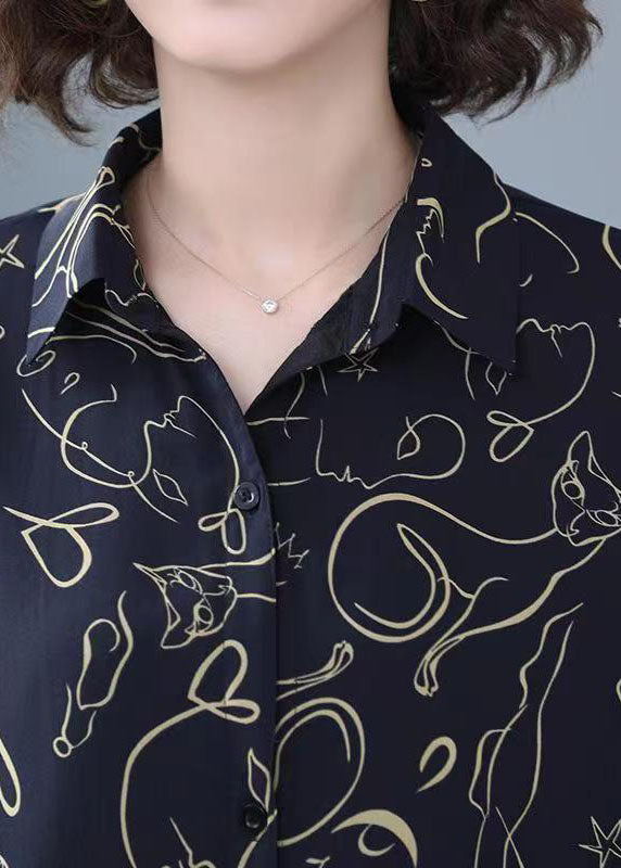 Navy Peter Pan Collar Print Patchwork Chiffon Shirt Bracelet Sleeve