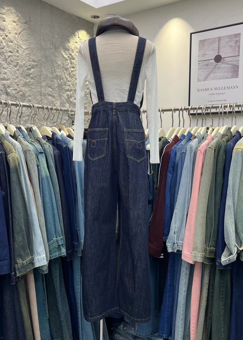 Navy Pockets Patchwork Denim Jumpsuits Spring