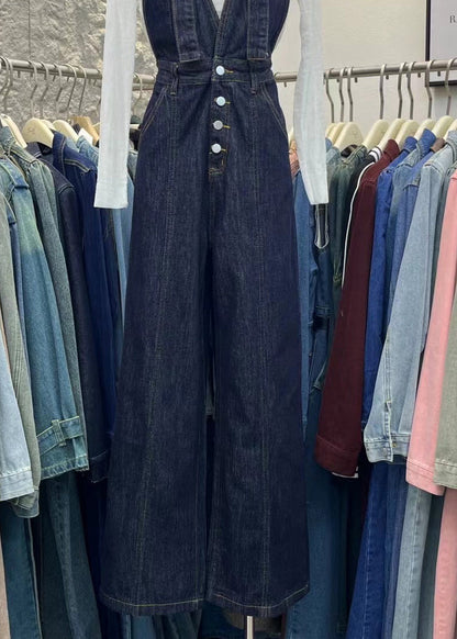 Navy Pockets Patchwork Denim Jumpsuits Spring
