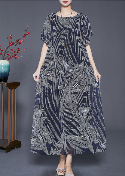 Navy Print Exra Large Hem Chiffon Holiday Dress Butterfly Sleeve
