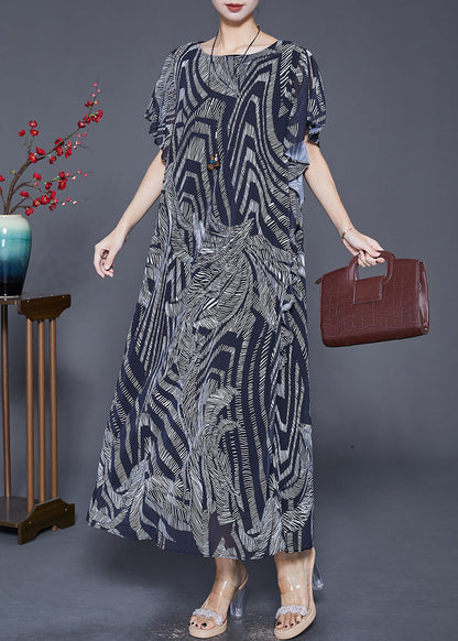 Navy Print Exra Large Hem Chiffon Holiday Dress Butterfly Sleeve