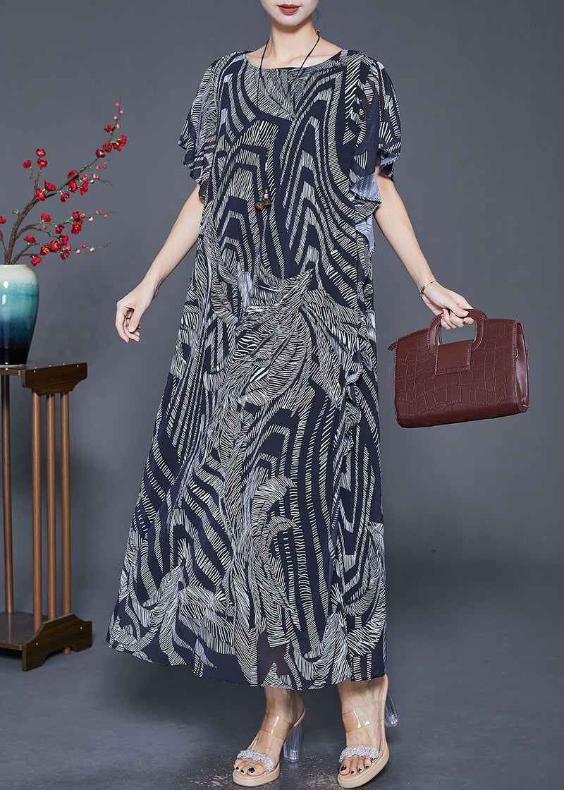Navy Print Exra Large Hem Chiffon Holiday Dress Butterfly Sleeve