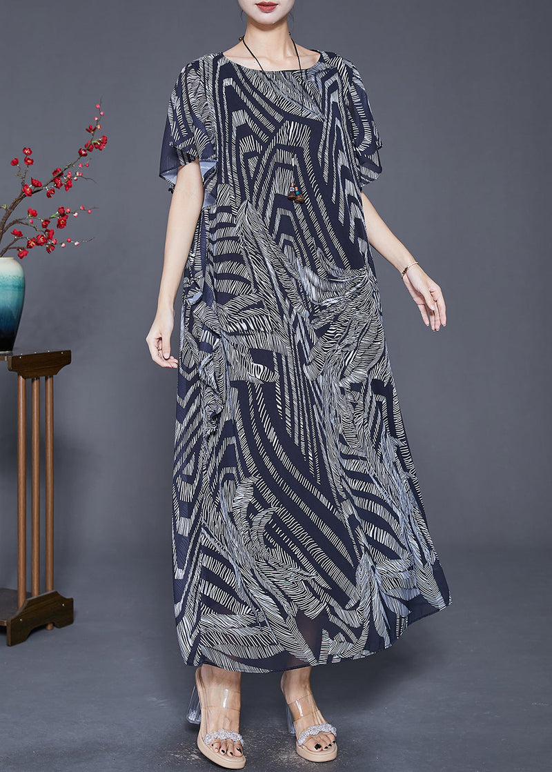 Navy Print Exra Large Hem Chiffon Holiday Dress Butterfly Sleeve