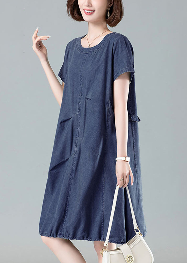 Navy Ruffled Drawstring Denim Dresses Summer
