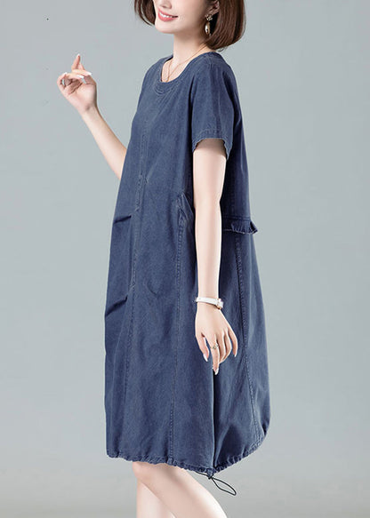 Navy Ruffled Drawstring Denim Dresses Summer