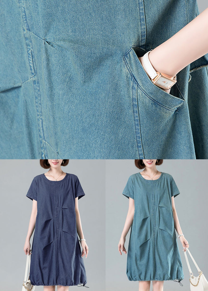 Navy Ruffled Drawstring Denim Dresses Summer