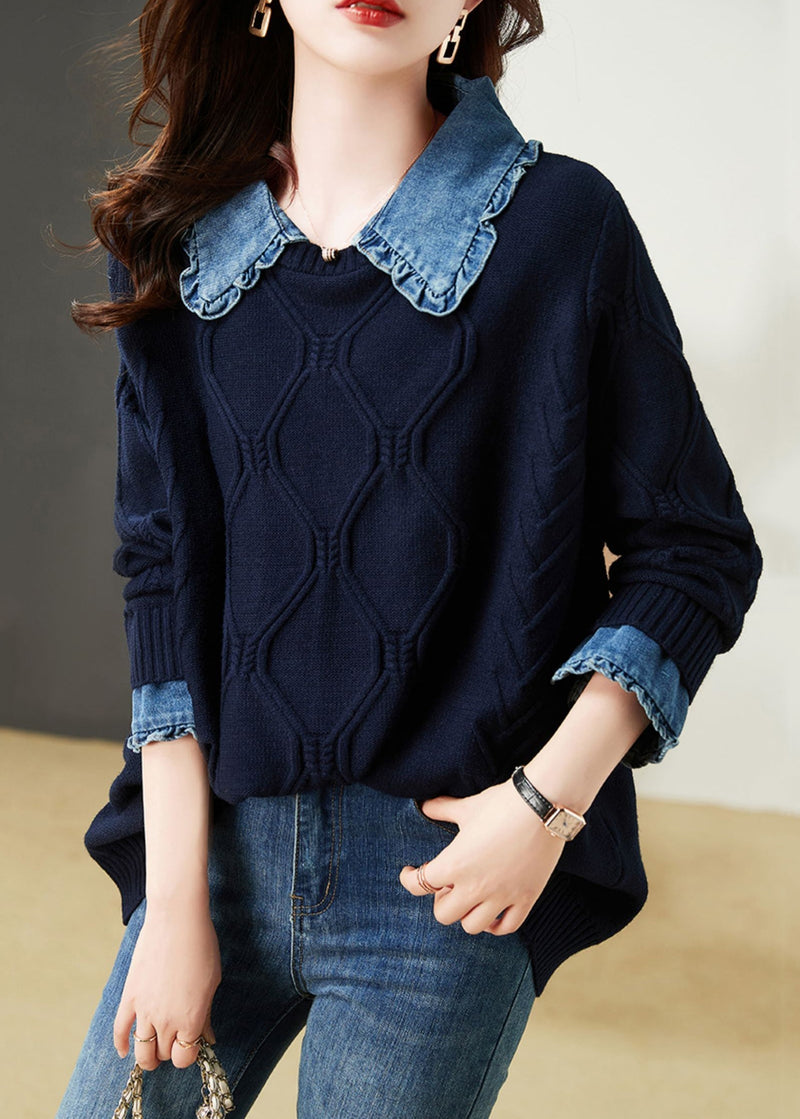 Navy Ruffled Patchwork False Two Pieces Cotton Knit Top Long Sleeve