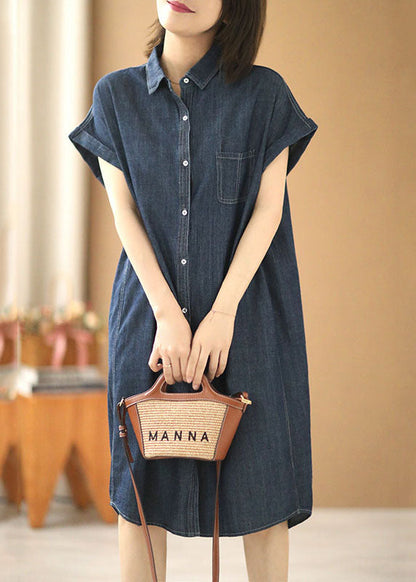 Navy Color Peter Pan Collar Button Cotton Denim Dresses Short Sleeve
