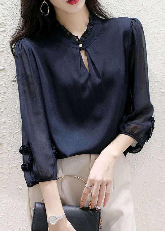 Navy Stand Collar Ruffled Patchwork Silk Top Spring