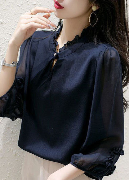 Navy Stand Collar Ruffled Patchwork Silk Top Spring