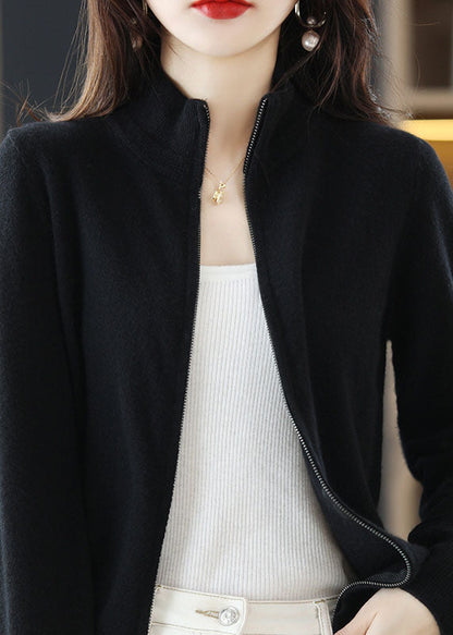 Navy Stand Collar Zip Up Thick Wool Knit Cardigan Spring
