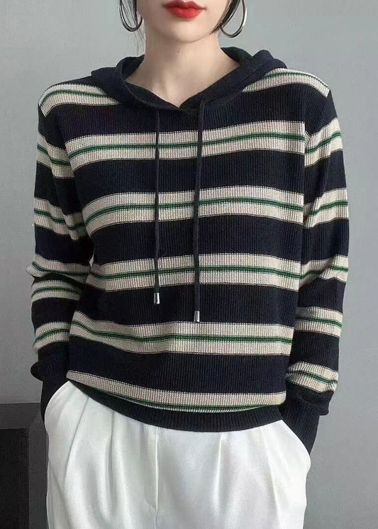 Navy Striped Hooded Patchwork Wool Knit Tops Fall