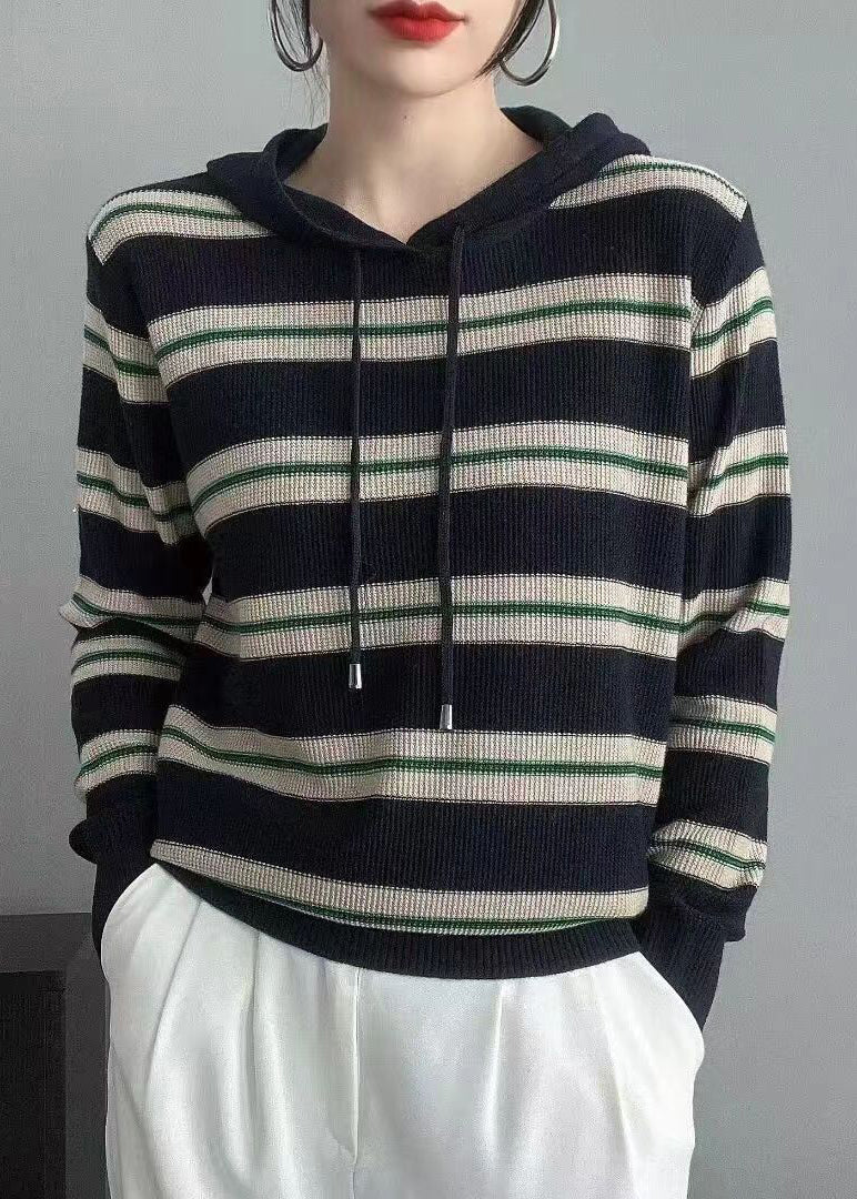 Navy Striped Hooded Patchwork Wool Knit Tops Fall