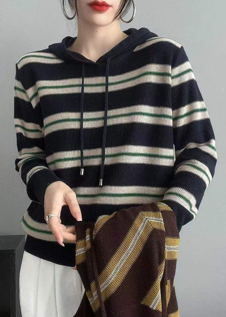 Navy Striped Hooded Patchwork Wool Knit Tops Fall