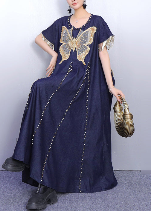 Navy Tasseled Butterfly Denim Vacation Dresses Summer