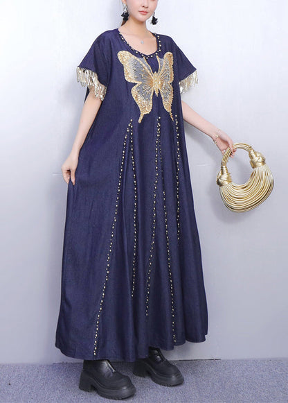 Navy Tasseled Butterfly Denim Vacation Dresses Summer