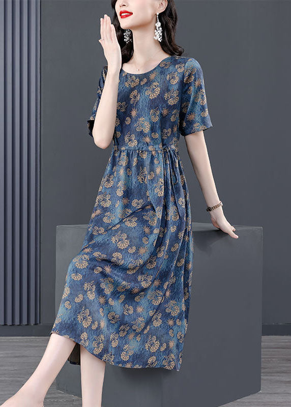 Navy Tie Waist Print Silk Robe Dresses Summer