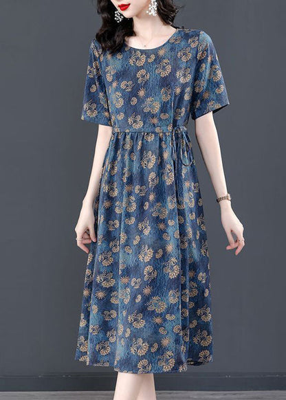 Navy Tie Waist Print Silk Robe Dresses Summer