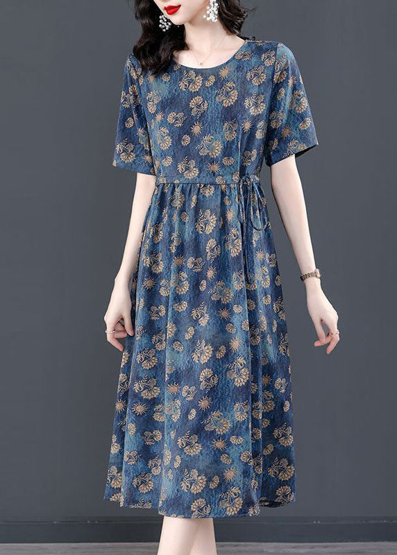 Navy Tie Waist Print Silk Robe Dresses Summer