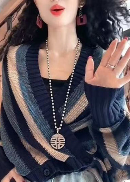 Navy V Neck Striped Button Knit Coats Fall