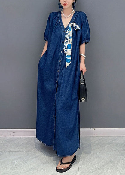 Navy V Neck Tie Waist Side Open Patchwork Denim Dress Summer
