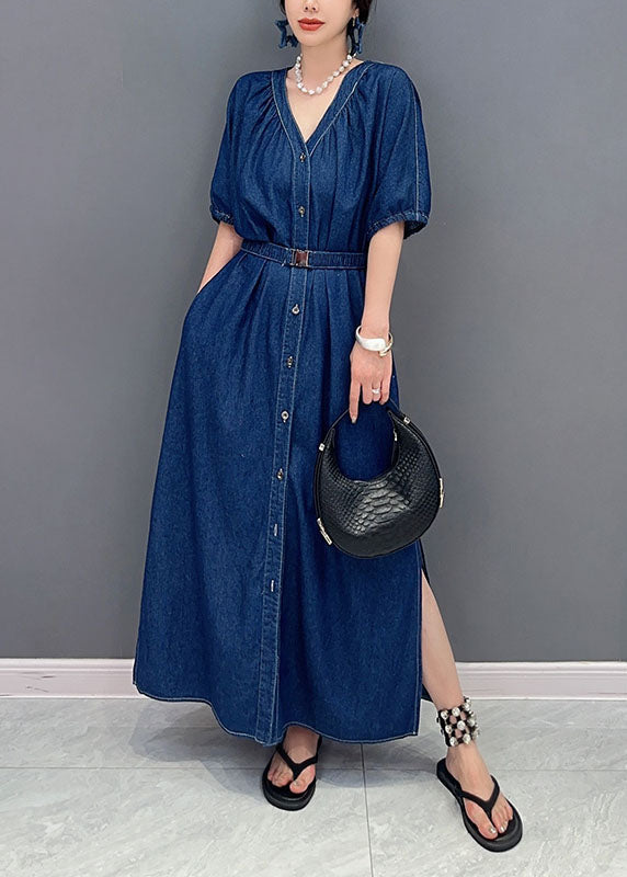 Navy V Neck Tie Waist Side Open Patchwork Denim Dress Summer
