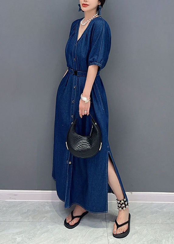 Navy V Neck Tie Waist Side Open Patchwork Denim Dress Summer