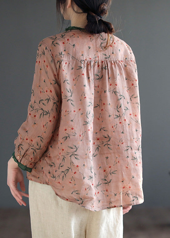 Neck Tie Ruffled Print Low High Design Linen Shirt Long Sleeve