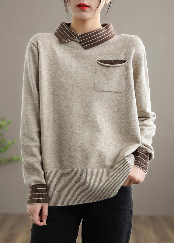 Nude Knit Tops Clothing Lapel Patchwork Knit Top Silhouette