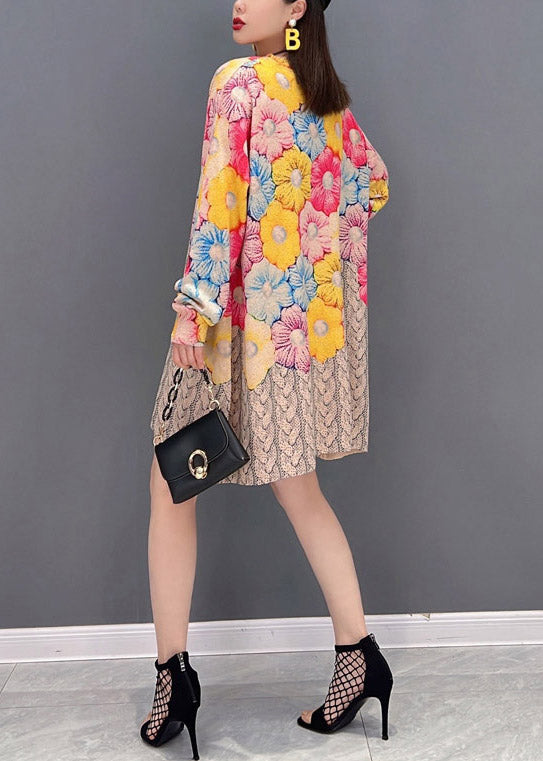 O-neck Print Chiffon Mid Dresses Long Sleeve