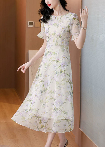 O Neck Print Chiffon Long Dress Summer