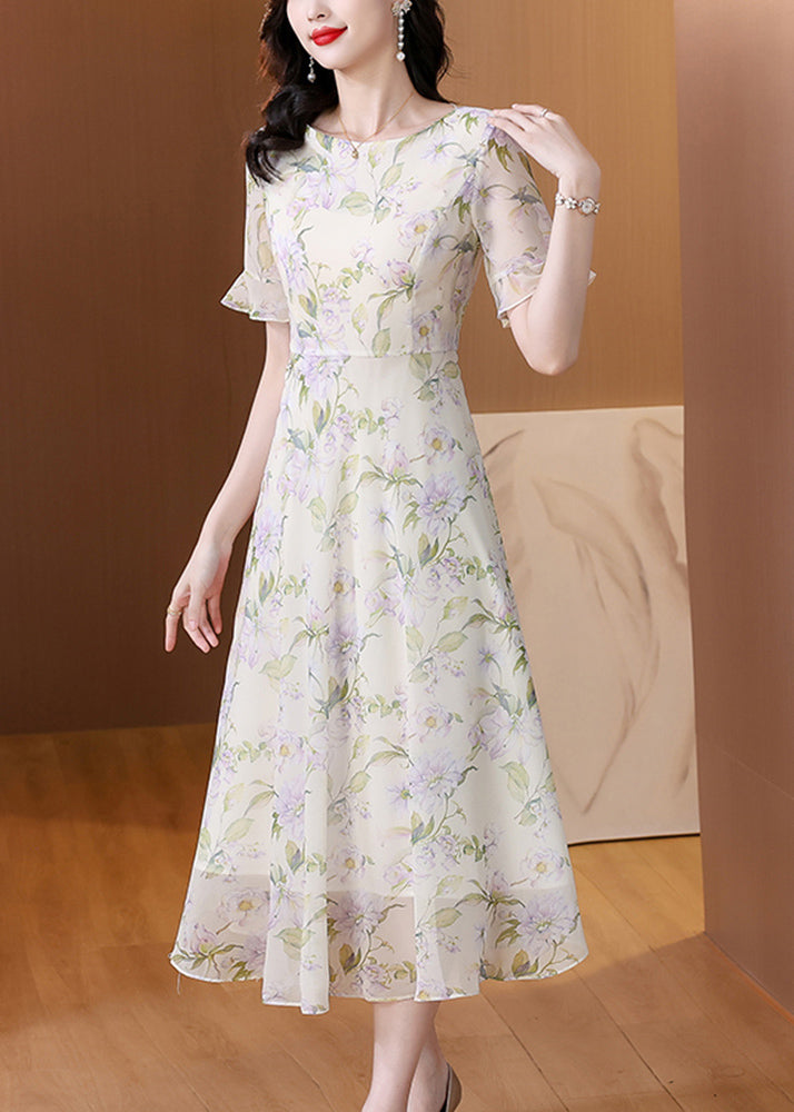 O Neck Print Chiffon Long Dress Summer