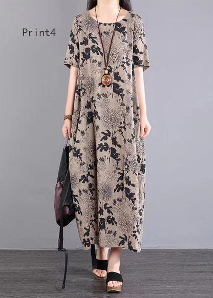 O Neck Print Patchwork Cotton Long Dresses Summer