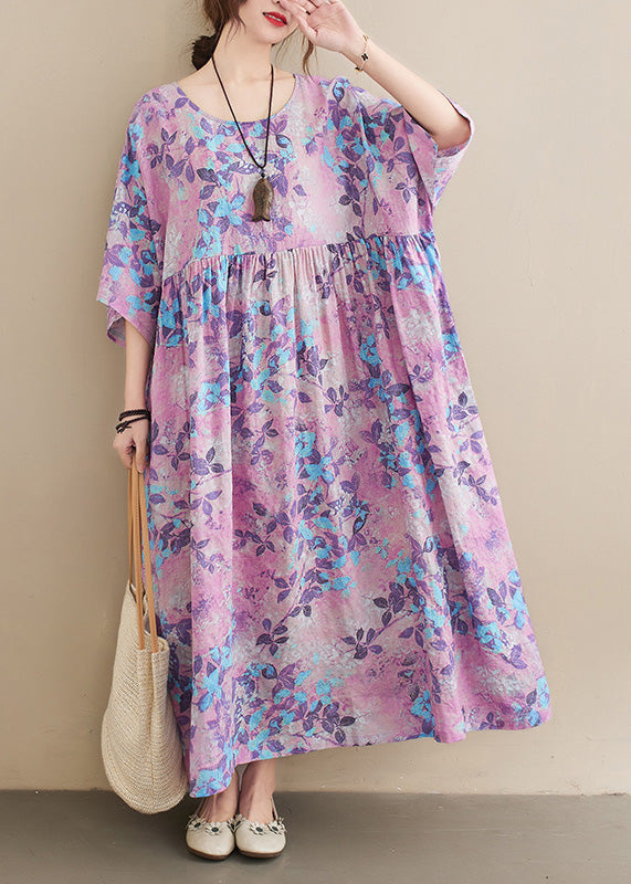O-neck Print Patchwork Wrinkled Cotton Maxi Dresses Summer