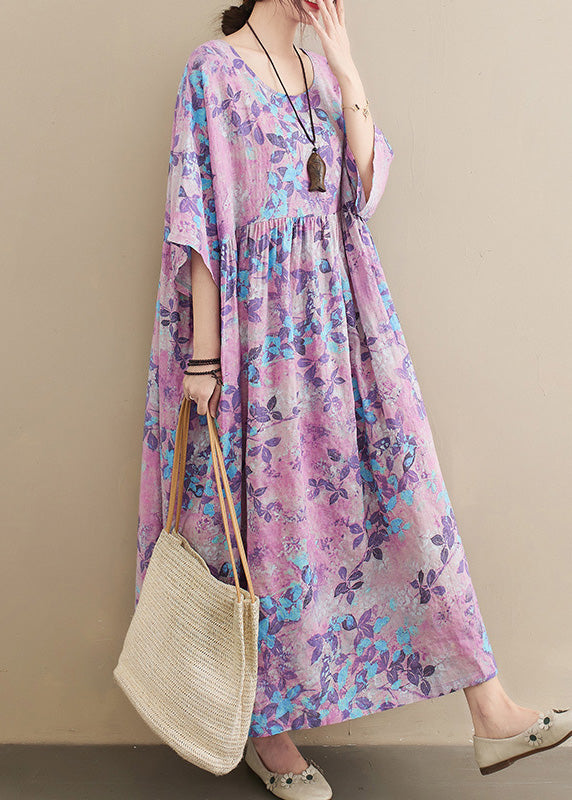 O-neck Print Patchwork Wrinkled Cotton Maxi Dresses Summer