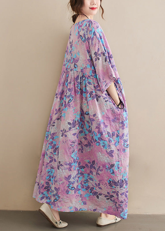 O-neck Print Patchwork Wrinkled Cotton Maxi Dresses Summer