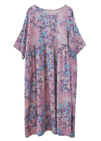 O-neck Print Patchwork Wrinkled Cotton Maxi Dresses Summer